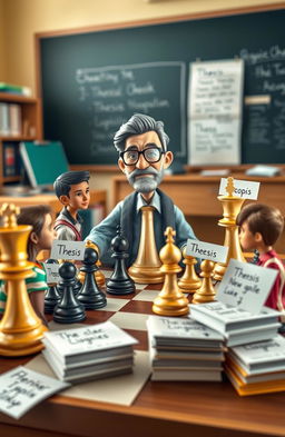 A whimsical chess game scene featuring a chessboard where the pieces are represented by a teacher as a king, students of both sexes as pawns and knights, and several theses symbolizing the bishops and rooks