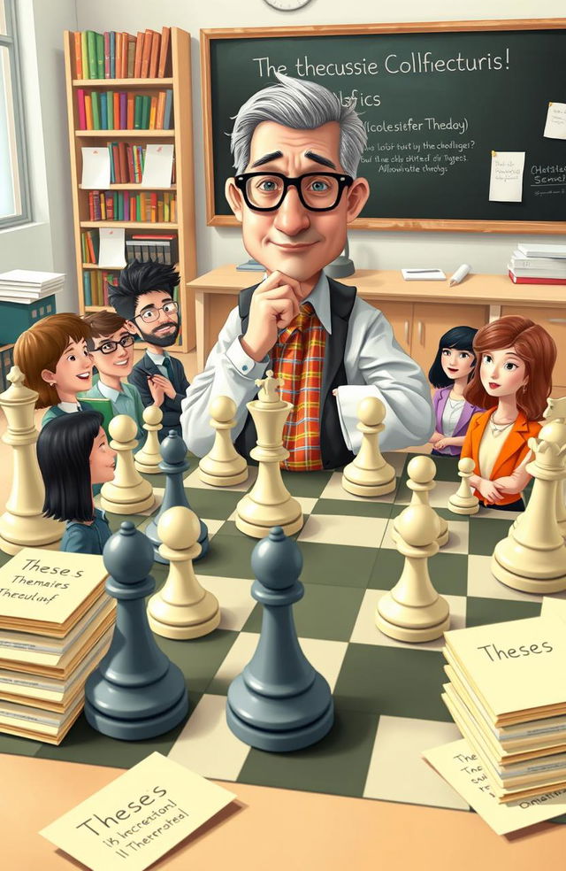 A whimsical chess game scene featuring a chessboard where the pieces are represented by a teacher as a king, students of both sexes as pawns and knights, and several theses symbolizing the bishops and rooks