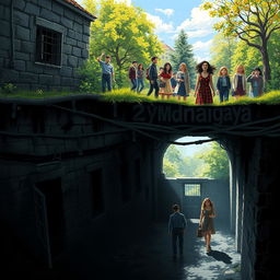 A stark contrast scene depicting the underground Zydnaya prison, filled with tormented individuals in dark, damp cells, looking fearful and desperate