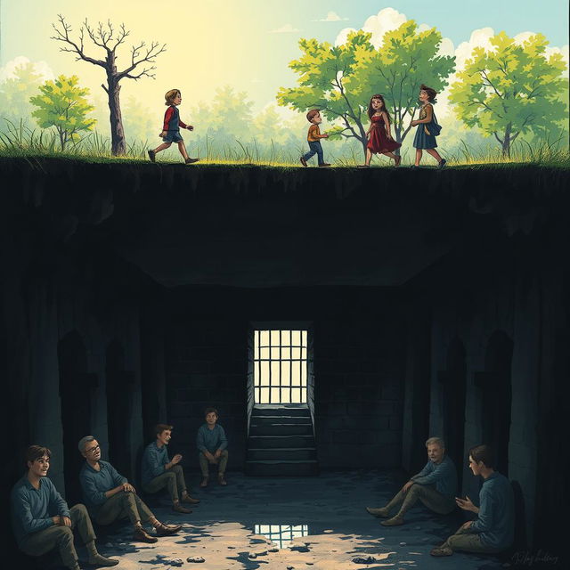 A stark contrast scene depicting the underground Zydnaya prison, filled with tormented individuals in dark, damp cells, looking fearful and desperate