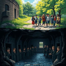 A stark contrast scene depicting the underground Zydnaya prison, filled with tormented individuals in dark, damp cells, looking fearful and desperate
