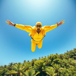 A man wearing an all-yellow outfit, complete with a vibrant yellow mask, is dramatically falling from a great height