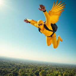 A man wearing an all-yellow outfit, complete with a vibrant yellow mask, is dramatically falling from a great height