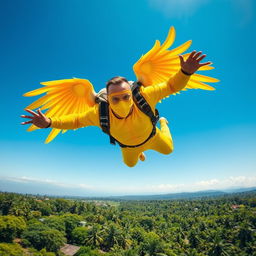 A man wearing an all-yellow outfit, complete with a vibrant yellow mask, is dramatically falling from a great height