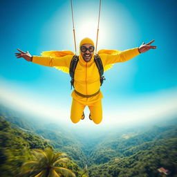 A man wearing an all-yellow outfit, complete with a vibrant yellow mask, is dramatically falling from a great height