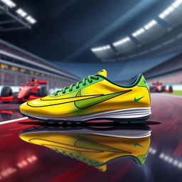 A detailed illustration of a pair of Nike Mercurial athletic shoes inspired by Ayrton Senna, showcasing vibrant yellow and green colors reminiscent of the Brazilian flag