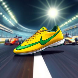 A detailed illustration of a pair of Nike Mercurial athletic shoes inspired by Ayrton Senna, showcasing vibrant yellow and green colors reminiscent of the Brazilian flag