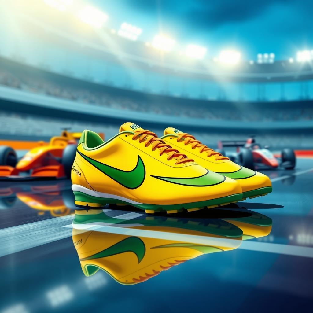 A detailed illustration of a pair of Nike Mercurial athletic shoes inspired by Ayrton Senna, showcasing vibrant yellow and green colors reminiscent of the Brazilian flag