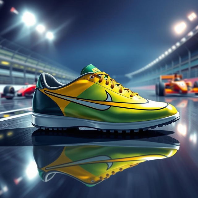 A detailed illustration of a pair of Nike Mercurial athletic shoes inspired by Ayrton Senna, showcasing vibrant yellow and green colors reminiscent of the Brazilian flag