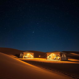 A luxurious campsite in a desert at night, featuring beautifully designed tents, with a breathtaking sky full of luminous stars overhead