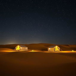A luxurious campsite in a desert at night, featuring beautifully designed tents, with a breathtaking sky full of luminous stars overhead