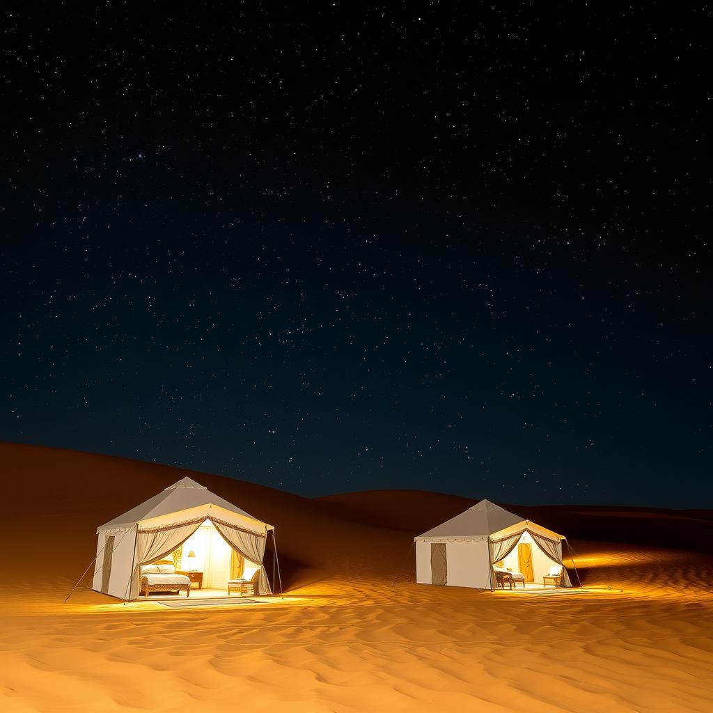 A luxurious campsite in a desert at night, featuring beautifully designed tents, with a breathtaking sky full of luminous stars overhead