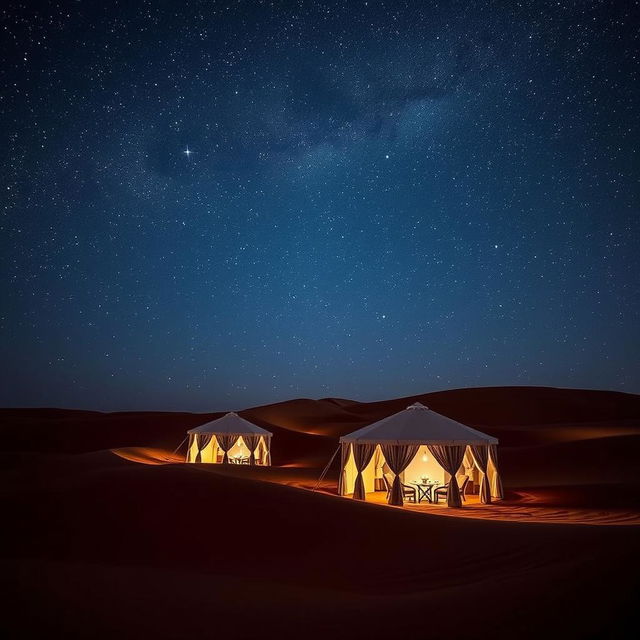 A luxurious campsite in a desert at night, featuring beautifully designed tents, with a breathtaking sky full of luminous stars overhead