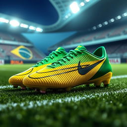 A hyper-realistic depiction of a pair of Nike Mercurial soccer cleats honoring Ayrton Senna, featuring vivid yellow and green hues inspired by the Brazilian flag