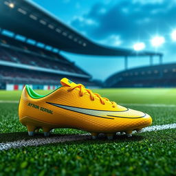 A hyper-realistic depiction of a pair of Nike Mercurial soccer cleats honoring Ayrton Senna, featuring vivid yellow and green hues inspired by the Brazilian flag