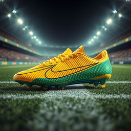 A hyper-realistic depiction of a pair of Nike Mercurial soccer cleats honoring Ayrton Senna, featuring vivid yellow and green hues inspired by the Brazilian flag
