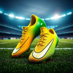 A hyper-realistic depiction of a pair of Nike Mercurial soccer cleats honoring Ayrton Senna, featuring vivid yellow and green hues inspired by the Brazilian flag