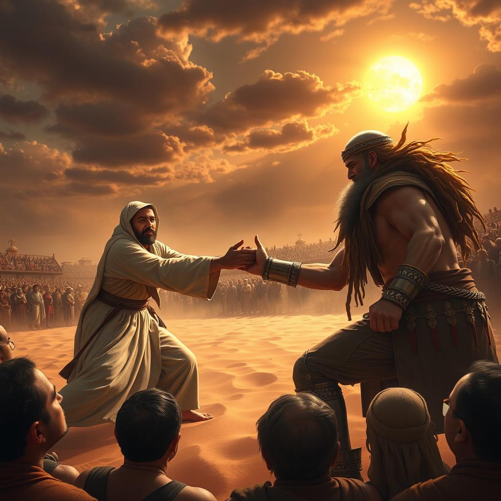 A grand depiction of a historic wrestling match featuring the Prophet Muhammad ﷺ against the strongest man in Quraysh