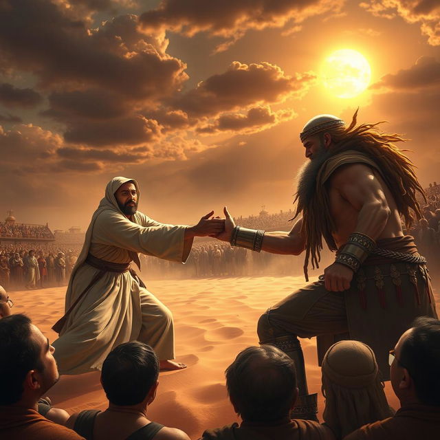 A grand depiction of a historic wrestling match featuring the Prophet Muhammad ﷺ against the strongest man in Quraysh