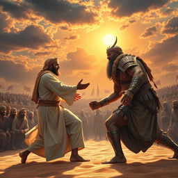 A grand depiction of a historic wrestling match featuring the Prophet Muhammad ﷺ against the strongest man in Quraysh