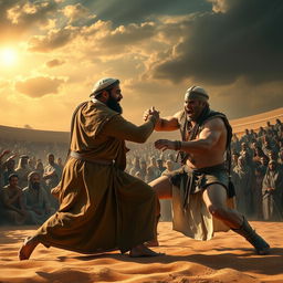 A grand depiction of a historic wrestling match featuring the Prophet Muhammad ﷺ against the strongest man in Quraysh