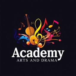 A logo design for an Academy of Arts and Drama, featuring dynamic music notes interwoven creatively, symbolizing the connection between music, art, and performance