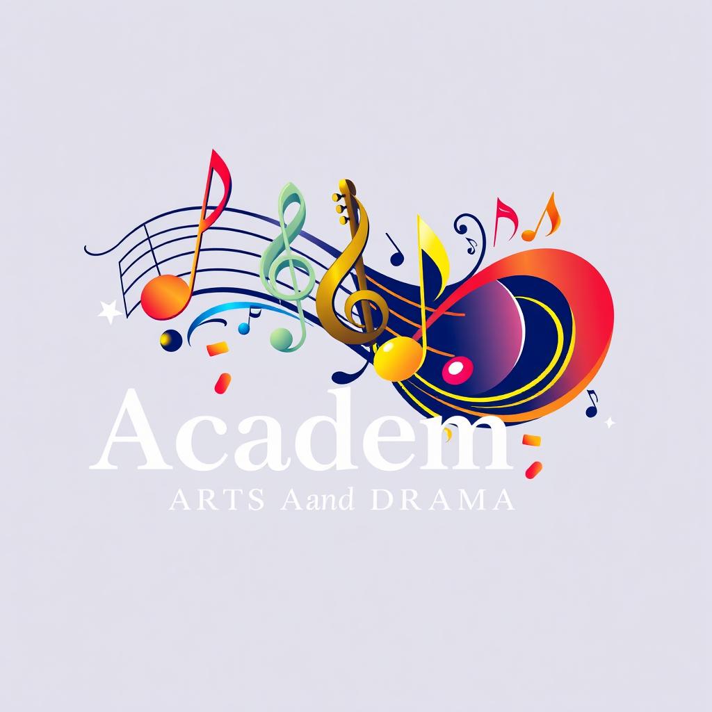 A logo design for an Academy of Arts and Drama, featuring dynamic music notes interwoven creatively, symbolizing the connection between music, art, and performance