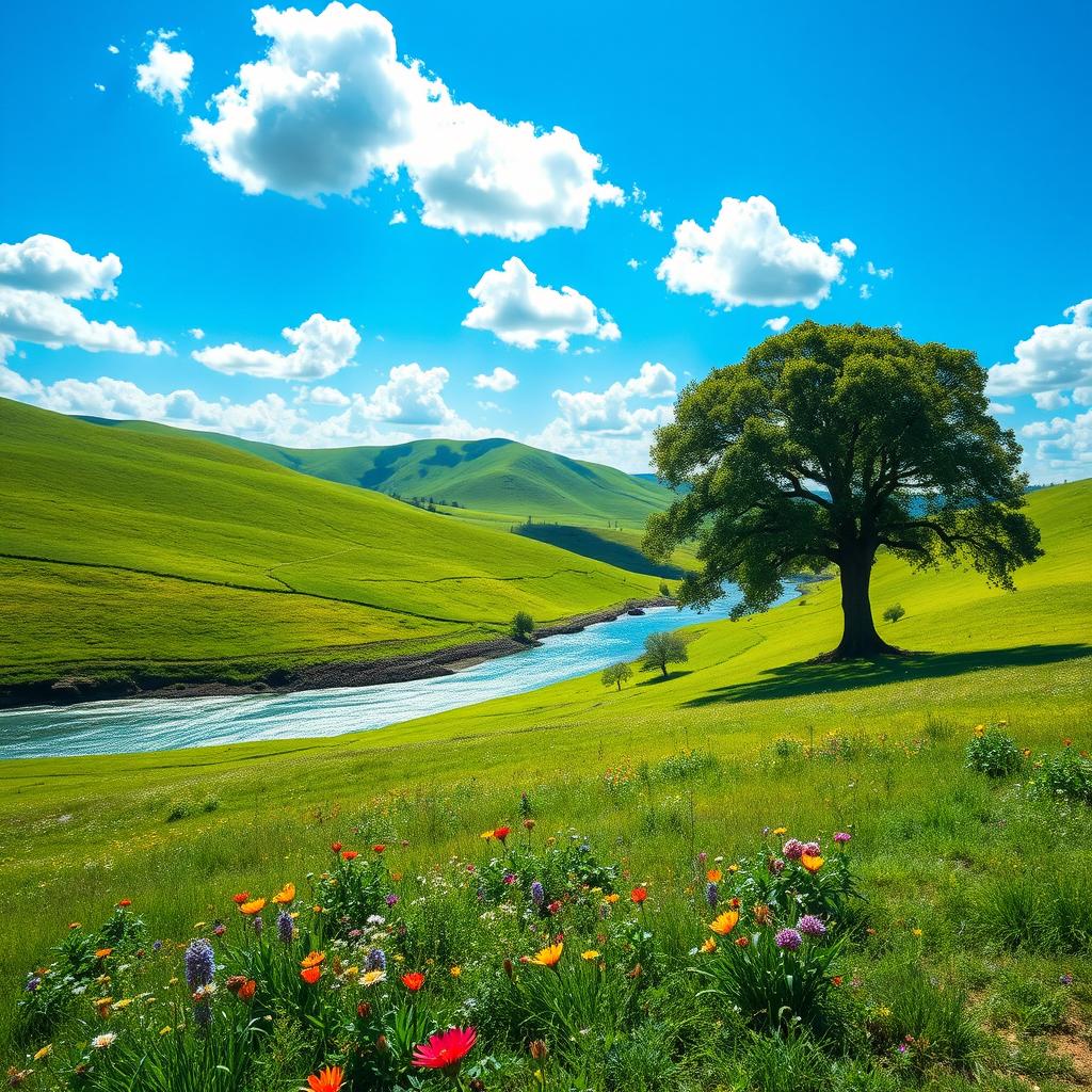 A serene landscape featuring vast green hills under a clear blue sky, dotted with fluffy white clouds