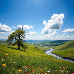 A serene landscape featuring vast green hills under a clear blue sky, dotted with fluffy white clouds