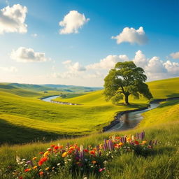 A serene landscape featuring vast green hills under a clear blue sky, dotted with fluffy white clouds