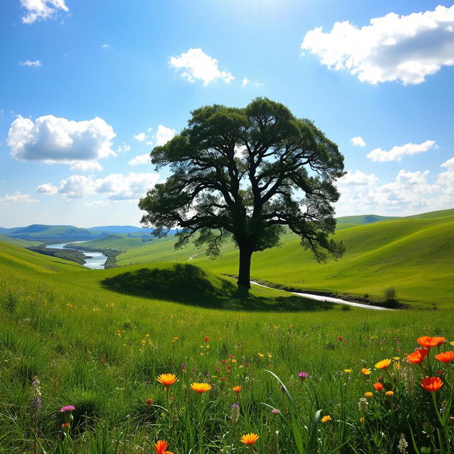 A serene landscape featuring vast green hills under a clear blue sky, dotted with fluffy white clouds