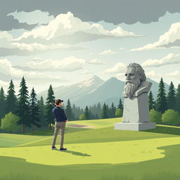 A stylized illustration of a golf course landscape inspired by the philosophical themes of Nietzsche, featuring a serene setting with rolling greens and a dramatic sky