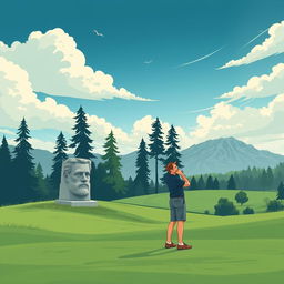 A stylized illustration of a golf course landscape inspired by the philosophical themes of Nietzsche, featuring a serene setting with rolling greens and a dramatic sky