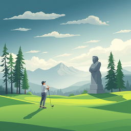 A stylized illustration of a golf course landscape inspired by the philosophical themes of Nietzsche, featuring a serene setting with rolling greens and a dramatic sky