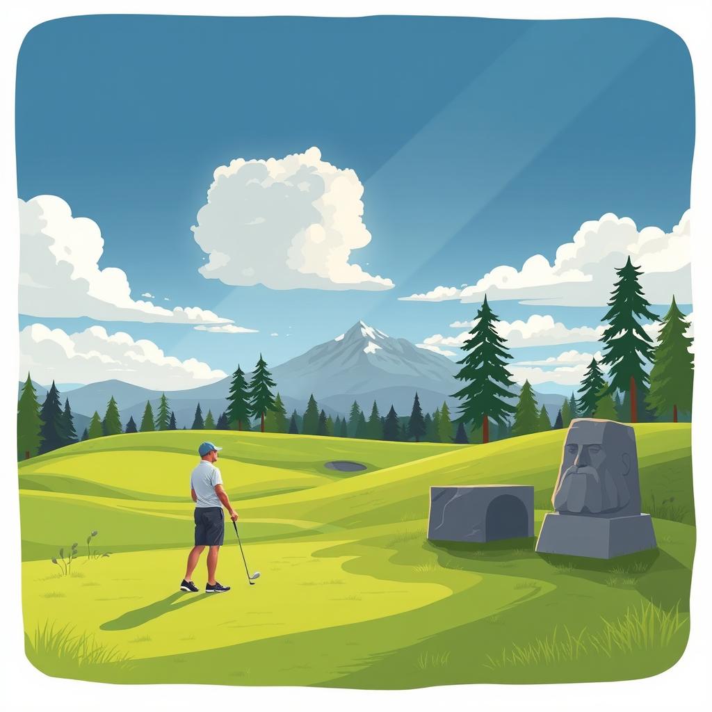 A stylized illustration of a golf course landscape inspired by the philosophical themes of Nietzsche, featuring a serene setting with rolling greens and a dramatic sky