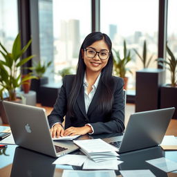 An elegant Asian secretary dressed in a stylish business outfit, sitting at a modern office desk with a laptop and papers scattered around