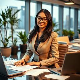 An elegant Asian secretary dressed in a stylish business outfit, sitting at a modern office desk with a laptop and papers scattered around