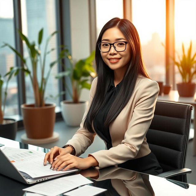 An elegant Asian secretary dressed in a stylish business outfit, sitting at a modern office desk with a laptop and papers scattered around