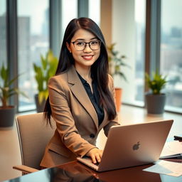 An elegant Asian secretary dressed in a stylish business outfit, sitting at a modern office desk with a laptop and papers scattered around