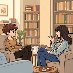 A cozy indoor scene featuring one boy and two girls engaged in a deep conversation while seated on comfortable chairs