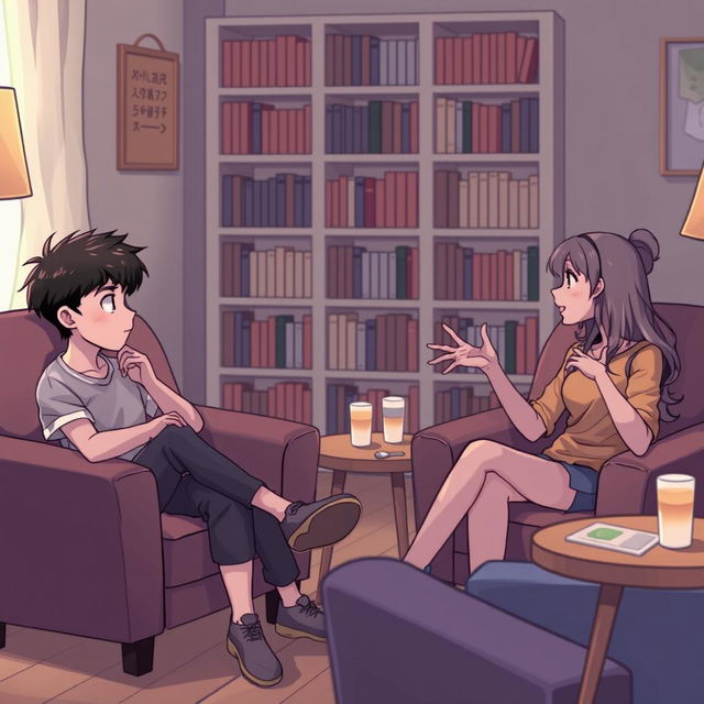 A cozy indoor scene featuring one boy and two girls engaged in a deep conversation while seated on comfortable chairs