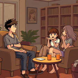 A cozy indoor scene featuring one boy and two girls engaged in a deep conversation while seated on comfortable chairs