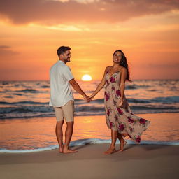A romantic scene between a boyfriend and girlfriend enjoying a beautiful sunset on a beach