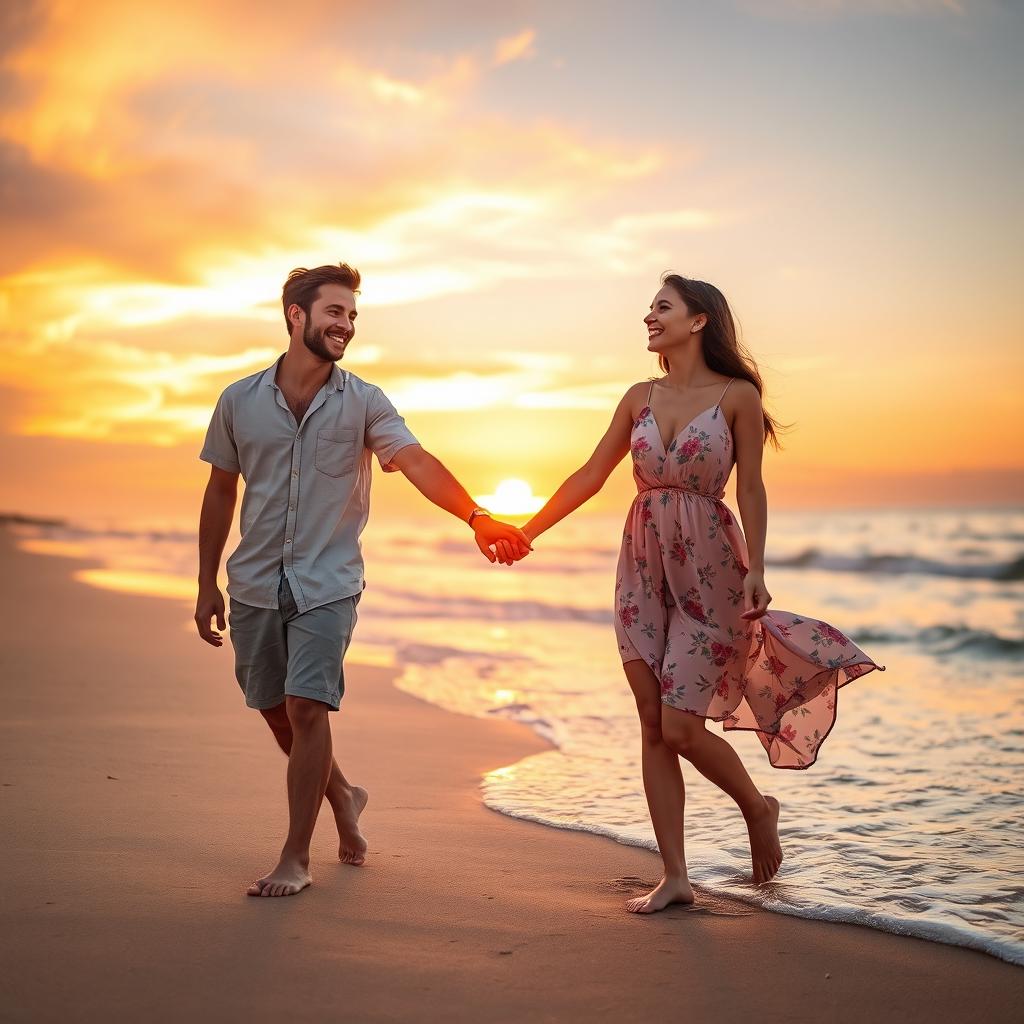 A romantic scene between a boyfriend and girlfriend enjoying a beautiful sunset on a beach