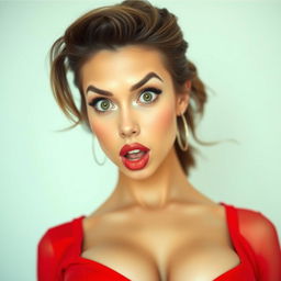 A beautiful 25-year-old woman, boldly facing the camera with a surprised and alluring expression