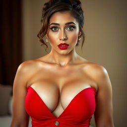 A beautiful 25-year-old woman, boldly facing the camera with a surprised and alluring expression
