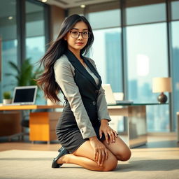 An elegant Asian secretary in a stylish business outfit, positioned on her knees in a modern office setting