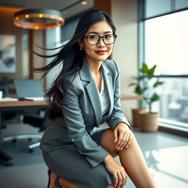 An elegant Asian secretary in a stylish business outfit, positioned on her knees in a modern office setting