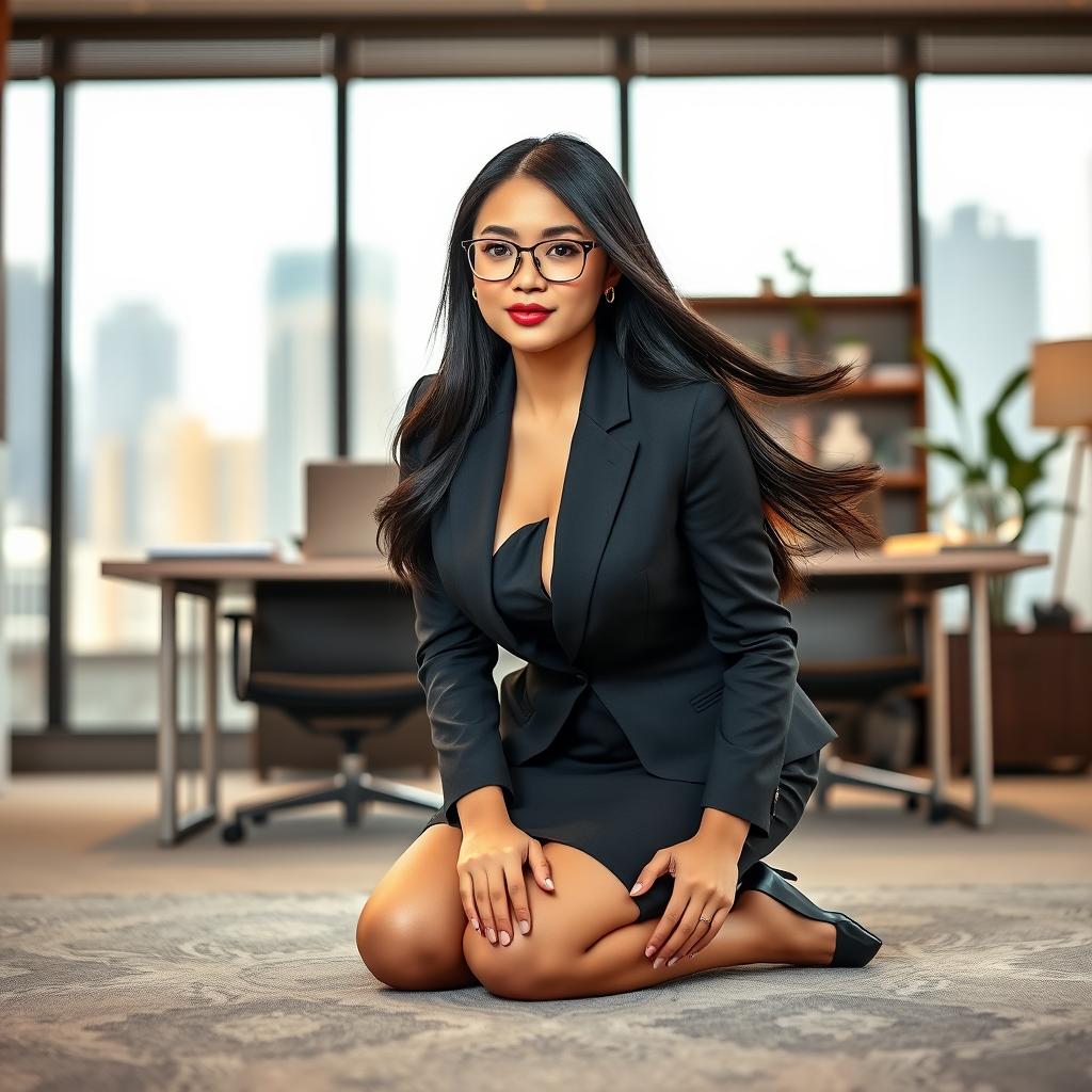 An elegant Asian secretary in a stylish business outfit, positioned on her knees in a modern office setting