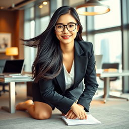 An elegant Asian secretary in a stylish business outfit, positioned on her knees in a modern office setting